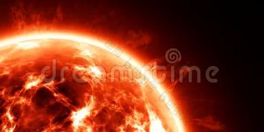 火红的太阳作为恒星或气体行星的特写渲染了4kcgi动画视频。